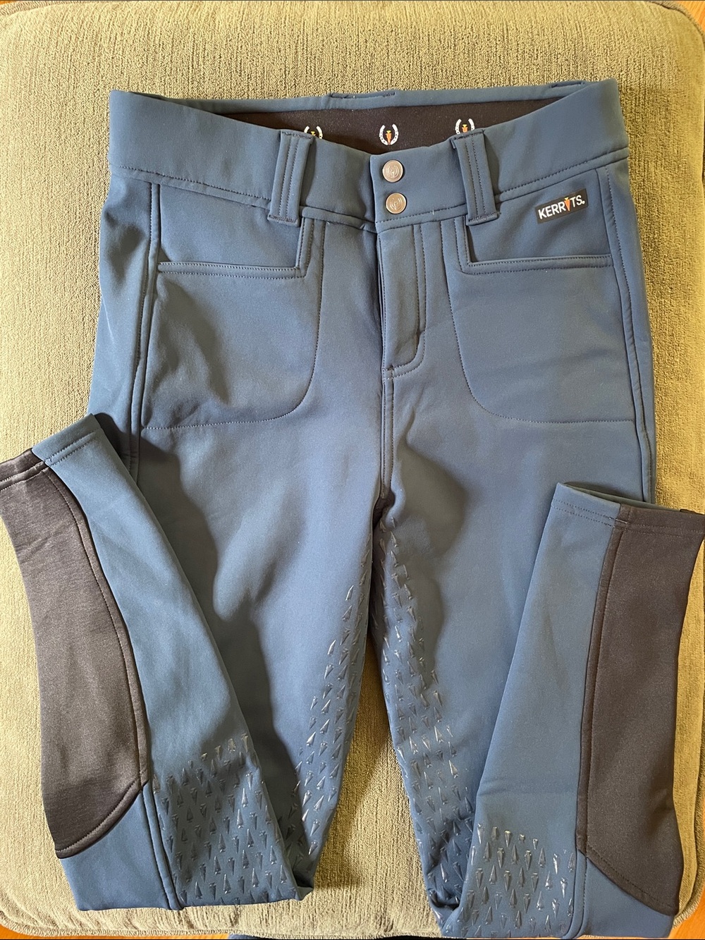 Kerrits Blue Riding Leggings with Black Knee Panels